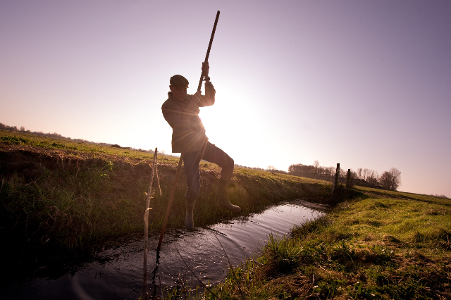 
    
            A man jumps over a water-filled ditch using a long wooden pole.        
        
